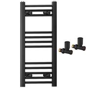 400mm Wide Straight Black Heated Bathroom Towel Rail Radiator With Valves For Central Heating UK (With Black Straight Valves, 400 x 700mm (h))