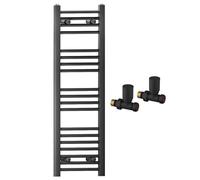 400mm Wide Straight Black Heated Bathroom Towel Rail Radiator With Valves For Central Heating UK (With Black Straight Valves, 400 x 1000mm (h))