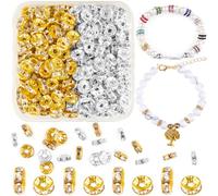 400pcs 8mm Sparkling Crystal Spacer Beads - Gold/Silve Rondelle Rhinestone Flat Loose Beads for Bracelet Necklace Jewellery Making DIY Craft
