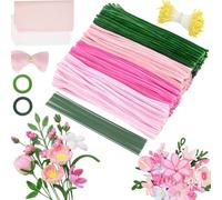 400Pcs Pipe Cleaners DIY Craft Set for Tulip Bouquets(3 Different Tone Pink), 30cm Chenille Stems with Flower Stems, Stamens, Floral Tape & Ribbon for DIY Flowers, School Projects, Handmade Gift