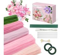 400Pcs Pipe Cleaners for Craft,Multi-Coloured,DIY Flower Making Kit With Chenille Floral Stems,Gardening Tape,Ribbon,Packing Paper,Ideas For Art Activity (Pink Tulip Kit)