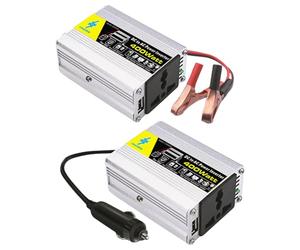 400W Car Power Inverter - 12V DC to 220V AC Converter | CM-400L Silver ABS Model, Modified Sine Output, Battery Clip & Plug Options, Compact 8.5x6.5x3.8cm Design