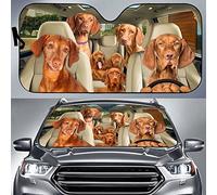 403 Front Windshield Sun Shade Foldable Windscreen Car Sunshades Block Uv Rays Car Sun Shade Universal For Summer Suv Truck Vizsla Dogs, Red Vizsla Dog Family Driving Car