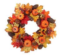40cm Autumn Wreaths with LED Light,Fall Maple Leaf Pumpkin Berry Garland,Artificial Flower Wreath,Front Door for Thanksgiving Halloween Christmas Wedding Home Decoration (without light)