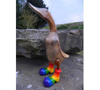 Bamboo Duck with Rainbow Wellington Boots, Approx. H40cm - NHS / Pride Edition - Quirky Wooden Ornaments for Indoor & Outdoor Use - Cute Room Decor & Fun Gift Idea - Garden & Home Duck Sculpture