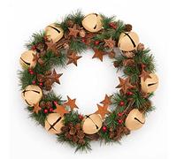 40cm Christmas Wreath with Cream Jingle Bells Stars Pine Cones Berries Leaves for Outdoor Xmas Home Office Mantelpiece Decorations