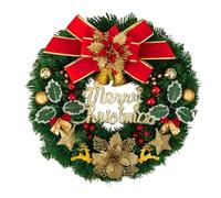 40cm Christmas Wreath with Lights Pre-lit Xmas Decorations Front Door Artificial Pine Garland for Door Table Window Wall Stairs with Bowknot Bells Balls Decor, Battery Operated (Red, One Size)