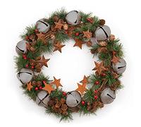 40cm Christmas Wreath with Silver Jingle Bells Stars Pine Cones Berries Leaves for Outdoor Xmas Home Office Mantelpiece Decorations