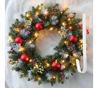 40cm Christmas Wreaths Decorations for Front Door with Led Lights and Hanger,Artificial Wreaths for Window Fireplace Christmas Wall Decor Harvest Indoor Outdoor Home Decorations (16 inch) (Red)