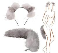 40cm Faux Fox Tail Butt Plug, Halloween Christmas Costumes Detachable Multi-Function Anal Plug with Cat Ears Headband