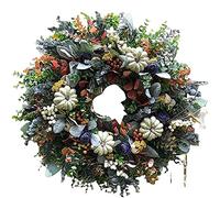 40cm Handmade White Pumpkin Ranunculus Wreath, Farmhouse Fall Front Door Decor Blends Ranunculus and Hydrangea with Large White Pumpkins, Window and Door Hanging (1Pcs)