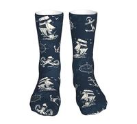 40Cm Mens Calf Socks Unisex Socks Funky Walking Sock Vintage Sea And Sailboat With Nautical Anchor For Indoor Sports Women