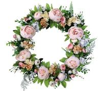 40CM Peony Spring Wreaths for Front Door Outside Artificial Pink Rose,Blue Berry,Green Leaves Summer Wreaths Full Handmade for Farmhouse Wall Window Decor (Green)
