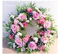 40CM Peony Spring Wreaths for Front Door Outside Artificial Pink Rose,Blue Berry,Green Leaves Summer Wreaths Full Handmade for Farmhouse Wall Window Decor Home Door Wreaths Outdoor