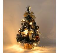 40CM Small Christmas Tree with Lights, Pre-Lit Artificial Mini Christmas Tree, Desktop Miniature Xmas Tree with Balls, Bows, Pine Cones for Home Office Shopping Bar Christmas Decorations (Gold)