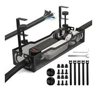 40CM Under Desk Cable Management with 10ft Cable Sleeve No Drill, WEWINK PLUS 15.7 Inch Metal Mesh Cord Organiser Tidy with Clamp Mount, Wire Cable Ties for Home Office, Standing Desk, Black