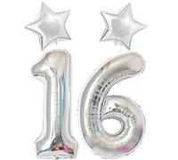 40In Giant Digital Number 16 Balloon Silver - 16th Birthday Balloons Birthday Decorations for Boys or Girls Including 2 Pack 18In Large Silver Star Balloons