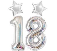 40In Giant Digital Number 18 Balloon Silver + 2Pack 18In Star Balloons Silver, 18th Birthday Decorations for Boys or Girls