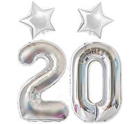 40In Giant Digital Number 20 Balloon Silver + 2Pack 18In Star Balloons Silver, 20th Aniversary Decoration, 20th Birthday Decorations for Boys or Girls
