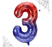40in Giant Spider Web Number Birthday Balloon, Large Spider Theme Number Balloons Red and Blue Hero Party Decorations for Birthday Anniversary Halloween Party Supplies (3)