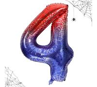 40in Giant Spider Web Number Birthday Balloon, Large Spider Theme Number Balloons Red and Blue Hero Party Decorations for Boys Girls Kids Birthday Anniversary Halloween Party Supplies (4)