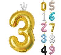 40inch Birthday Balloon,Golden Number 3 Balloon,0-9 Large Foil Age Balloon with Crown for 3rd,13rd,23rd Girls Boys Kids Birthday,Self Inflating Digital 3 Balloons,Birthday Party Decorations Supplies