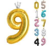 40inch Birthday Balloon,Golden Number 9 Balloon,0-9 Large Foil Age Balloon with Crown for 9th Girls Boys Kids Birthday,Self Inflating Digital 9 Balloons,Birthday Party Decorations Supplies