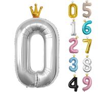 40inch Birthday Balloon,Silver Number 0 Balloon,0-9 Large Foil Age Balloon with Crown for 10th Girls Boys Kids Birthday,Self Inflating Digital 0 Balloons,Birthday Party Decorations Supplies