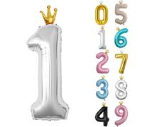 40inch Birthday Balloon,Silver Number 1 Balloon,0-9 Large Foil Age Balloon with Crown for 1st,10th,11st Girls Boys Kids Birthday,Self Inflating Digital 1 Balloons,Birthday Party Decorations Supplies