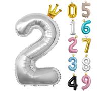 40inch Birthday Balloon,Silver Number 2 Balloon,0-9 Large Foil Age Balloon with Crown for 2nd,12nd,20th Girls Boys Kids Birthday,Self Inflating Digital 2 Balloons,Birthday Party Decorations Supplies