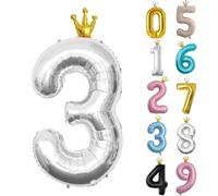 40inch Birthday Balloon,Silver Number 3 Balloon,0-9 Large Foil Age Balloon with Crown for 3rd,13rd,23rd Girls Boys Kids Birthday,Self Inflating Digital 3 Balloons,Birthday Party Decorations Supplies