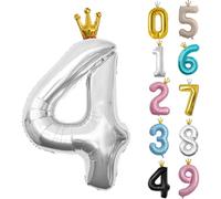 40inch Birthday Balloon,Silver Number 4 Balloon,0-9 Large Foil Age Balloon with Crown for 4th Girls Boys Kids Birthday,Self Inflating Digital 4 Balloons,Birthday Party Decorations Supplies