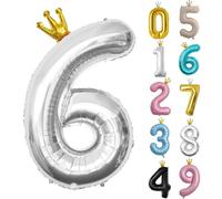 40inch Birthday Balloon,Silver Number 6 Balloon,0-9 Large Foil Age Balloon with Crown for 6th Girls Boys Kids Birthday,Self Inflating Digital 6 Balloons,Birthday Party Decorations Supplies