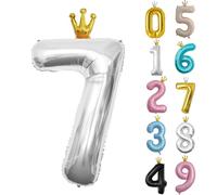 40inch Birthday Balloon,Silver Number 7 Balloon,0-9 Large Foil Age Balloon with Crown for 7th Girls Boys Kids Birthday,Self Inflating Digital 7 Balloons,Birthday Party Decorations Supplies