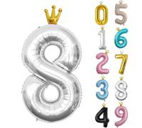 40inch Birthday Balloon,Silver Number 8 Balloon,0-9 Large Foil Age Balloon with Crown for 8th Girls Boys Kids Birthday,Self Inflating Digital 8 Balloons,Birthday Party Decorations Supplies
