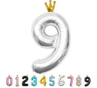 40inch Birthday Balloon,Silver Number 9 Balloon,Large Foil Age Balloon with Crown for 9th Kid's Birthday,Self Inflating Digital 9 Balloons 0/1/2/3/4/5/6/7/8/9 Birthday Party Decorations Supplies