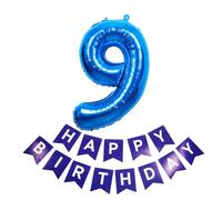 40inch Giant Blue Number 9 Balloon & Happy Birthday Banner, 9th Birthday Decorations Bunting Banner Number 9 Foil Balloon for Boys Birthday Party, Foil Number Balloon 9 Navy Blue Large