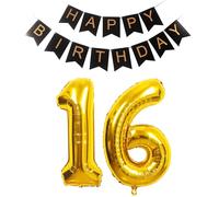 40inch Giant Gold Number 16 Balloons & Black Happy Birthday Banner, 16th Birthday Decorations Bunting Banner Number 16 Foil Balloons for Girl Boy Birthday Party, Foil Number Balloons 16 Gold Large