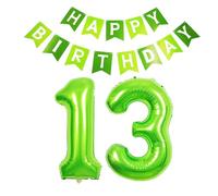 40inch Giant Green Number 13 Balloons & Happy Birthday Banner, 13th Birthday Decorations Bunting Banner Number 13 Foil Balloons for Girls Birthday Party, Foil Number Balloons 13 Green Large