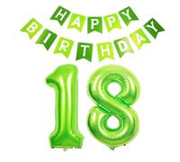 40inch Giant Green Number 18 Balloons & Happy Birthday Banner, 18th Birthday Decorations Bunting Banner Number 18 Foil Balloons for Girls Birthday Party, Foil Number Balloons 18 Green Large