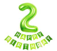 40inch Giant Green Number 2 Balloon & Happy Birthday Banner, 2nd Birthday Decorations Bunting Banner Number 2 Foil Balloon for Girls Birthday Party, Foil Number Balloon 2 Green Large