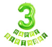 40inch Giant Green Number 3 Balloon & Happy Birthday Banner, 3rd Birthday Decorations Bunting Banner Number 3 Foil Balloon for Girls Birthday Party, Foil Number Balloon 3 Green Large