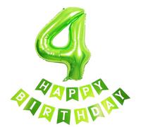 40inch Giant Green Number 4 Balloon & Happy Birthday Banner, 4th Birthday Decorations Bunting Banner Number 4 Foil Balloon for Girls Birthday Party, Foil Number Balloon 4 Green Large