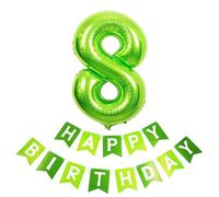 40inch Giant Green Number 8 Balloon & Happy Birthday Banner, 8th Birthday Decorations Bunting Banner Number 8 Foil Balloon for Girls Birthday Party, Foil Number Balloon 8 Green Large