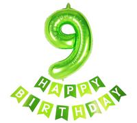 40inch Giant Green Number 9 Balloon & Happy Birthday Banner, 9th Birthday Decorations Bunting Banner Number 9 Foil Balloon for Girls Birthday Party, Foil Number Balloon 9 Green Large