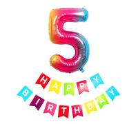 40inch Giant Rainbow Number 5 Balloon & Happy Birthday Banner, 5th Birthday Decorations Bunting Banner Number 5 Foil Balloon for Girl Boy Birthday Party, Foil Number Balloon 5 Rainbow Large