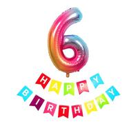40inch Giant Rainbow Number 6 Balloon & Happy Birthday Banner, 6th Birthday Decorations Bunting Banner Number 6 Foil Balloon for Girl Boy Birthday Party, Foil Number Balloon 6 Rainbow Large