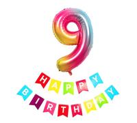 40inch Giant Rainbow Number 9 Balloon & Happy Birthday Banner, 9th Birthday Decorations Bunting Banner Number 9 Foil Balloon for Girl Boy Birthday Party, Foil Number Balloon 9 Rainbow Large