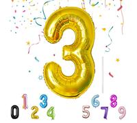 40Inch Number Balloon with a Straw, Foil Mylar Helium Balloons for Decoration Supplies, Digital Balloon for Birthday Parties/Anniversary/Memory Day, Reusable Foil Balloon -Gold Number 3 Balloon