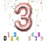 40Inch Number Balloon with a Straw, Foil Mylar Helium Balloons for Decoration Supplies, Digital Balloon for Birthday Parties/Anniversary/Memory Day, Reusable Foil Balloon -Rose Gold Number 3 Balloon